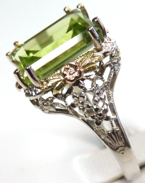Antique A & S Natural Peridot 14K Multi-Tone Ring Size 6.75 UK-N 3.98Ct Deco - Image 4 of 4
