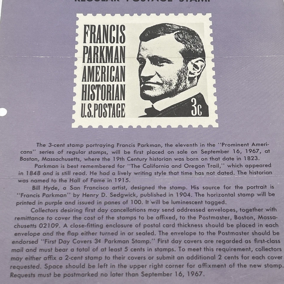 1967 3¢ Historian Francis Parkman Commemorative Postage Stamp FDC Advertising - Image 3 of 4
