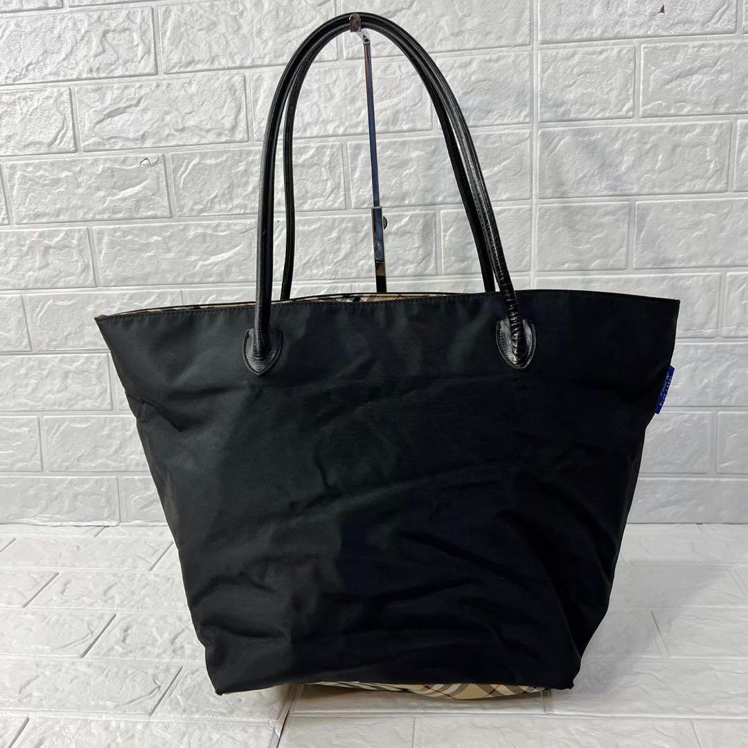 Burberry Boat Tote Bag Nova Check Lightweight Nylon Leather Black