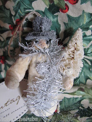 KD VTG REPRO Spun Cotton Christmas Snowman, Embellished Bottle Brush Tree ORN