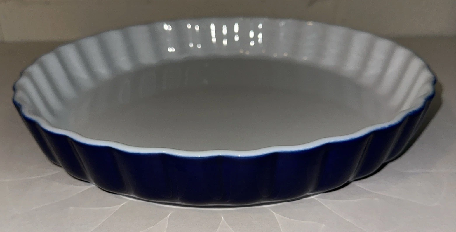 11” Vintage Fluted Pie/Quiche Porcelain Dish From Portugal Cobalt Blue Color