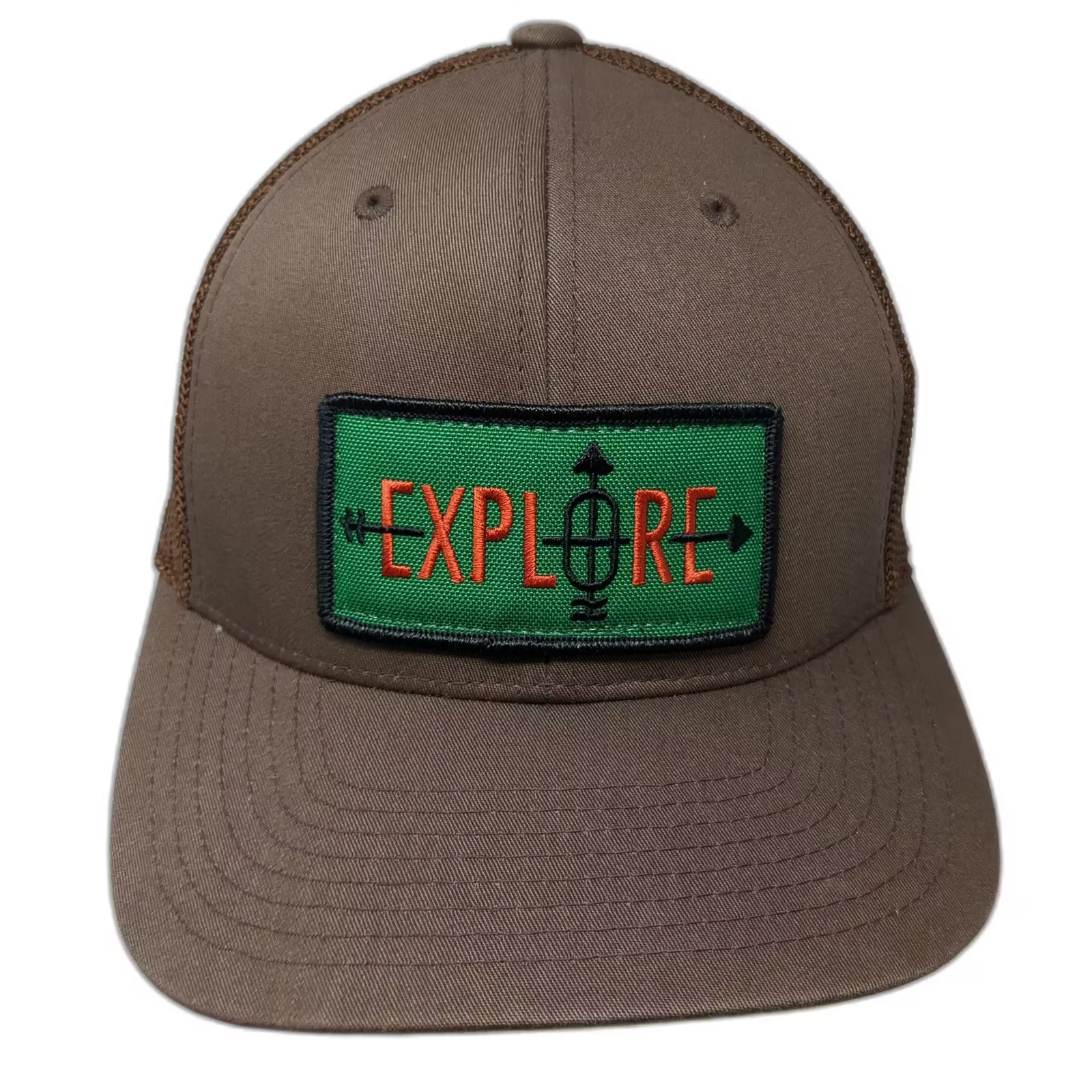 Yupoong Baseball Cap Brown Green OS Explore Embroidered Patch Mesh Flexfit Hat