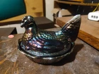 Rare Vintage Fenton carnival glass hen on nest with blue purple and gold