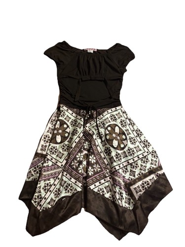 My Michelle Girls Size 12 Brown Auth Y2K Handkerchief Hem Dress Floral Silky