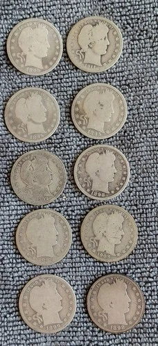 Lot of 10 circulated Barber Quarters - various dates