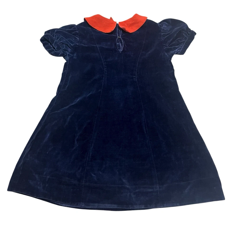 Vestido Vintage Little Stars Niñas Talla 5 Azul Terciopelo Manga Corta Cuello Rojo Fiesta Foto 2 de 4