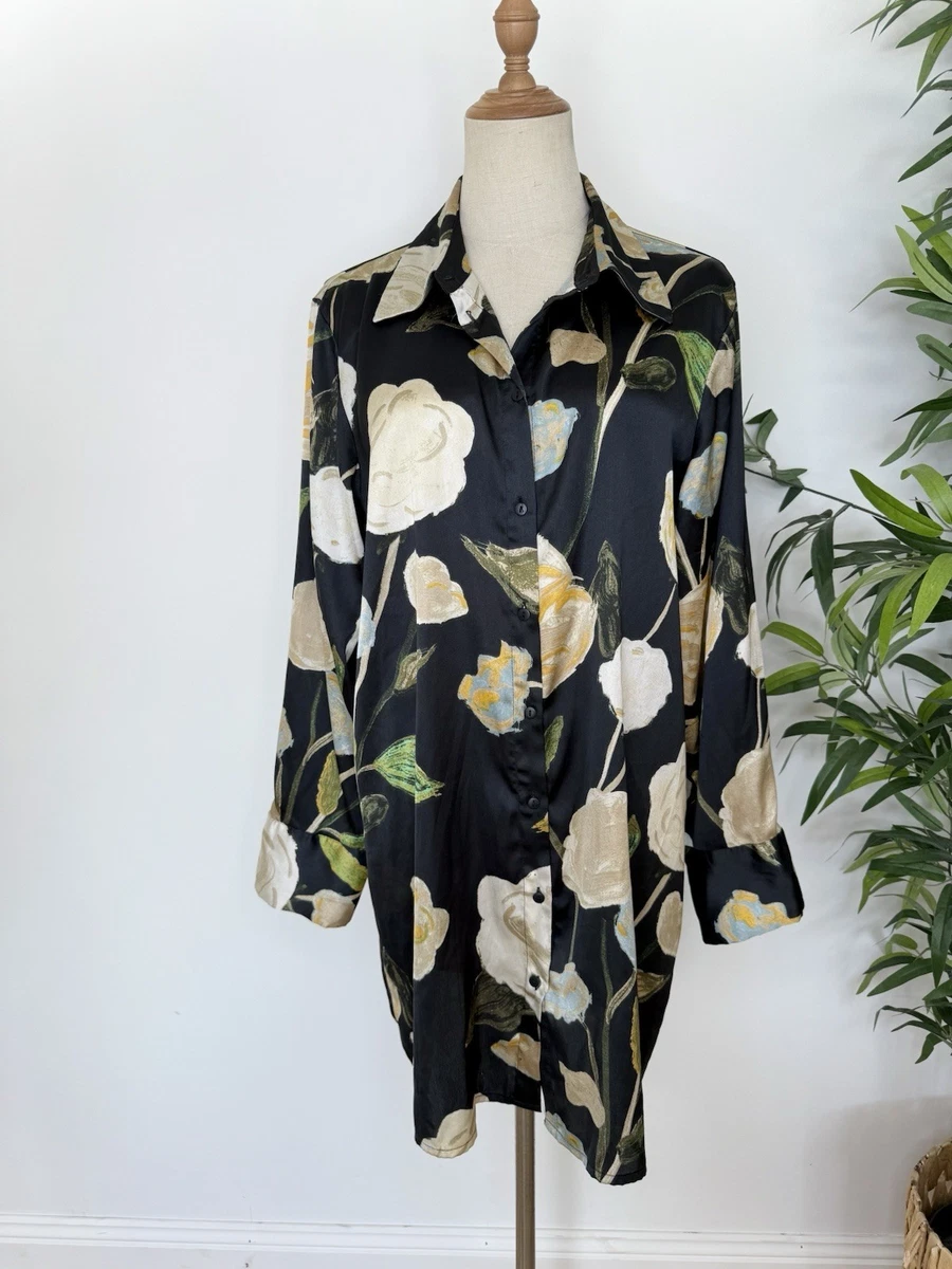 Vero Moda RENEE NOA Oversized Print Shirt Black Floral Satin Size M Women’s 