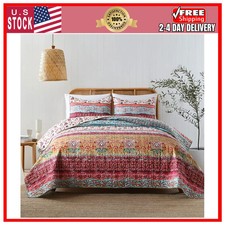 Boho Floral King Quilt Set Reversible 3 Piece Lightweight Bedspread Pillow Shams
