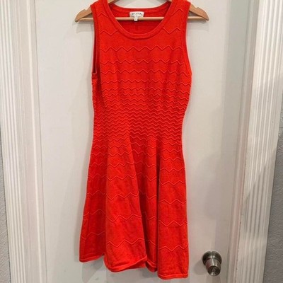 Milly Fit and Flare Dress Womens Large Orange Chevron Textured Knit Sleeveless
