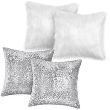 4 Pcs Sequin and Fluffy Pillow Covers 18" x 18" Pack of 4 White,silver