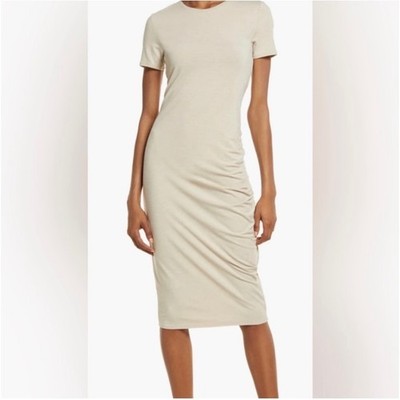 Minimalist Side Ruched T-Shirt Midi Dress Neutral Beige Medium - Model Off-Duty