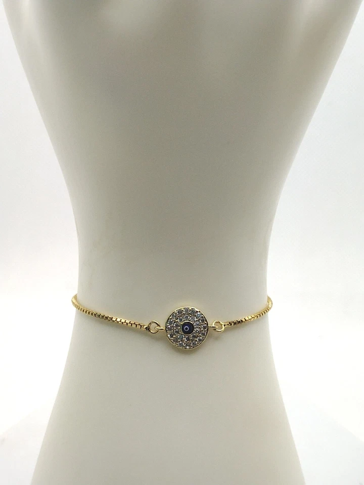 Gold Toned Evil Eye Rhinestone Bling Bracelet Jewelry Gift Easy Slip Clasp Foto 2 de 4