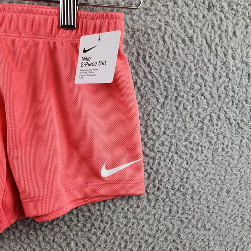 NIKE Swoosh Logo Print Mesh Shorts Girls 6X Coral Pink Elastic Waist Pull On - Picture 3 of 13