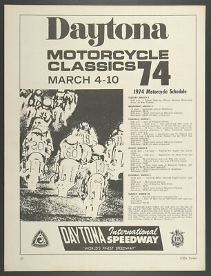 Daytona Motorcycle Classics Race Schedule Vintage Print Ad February 1974