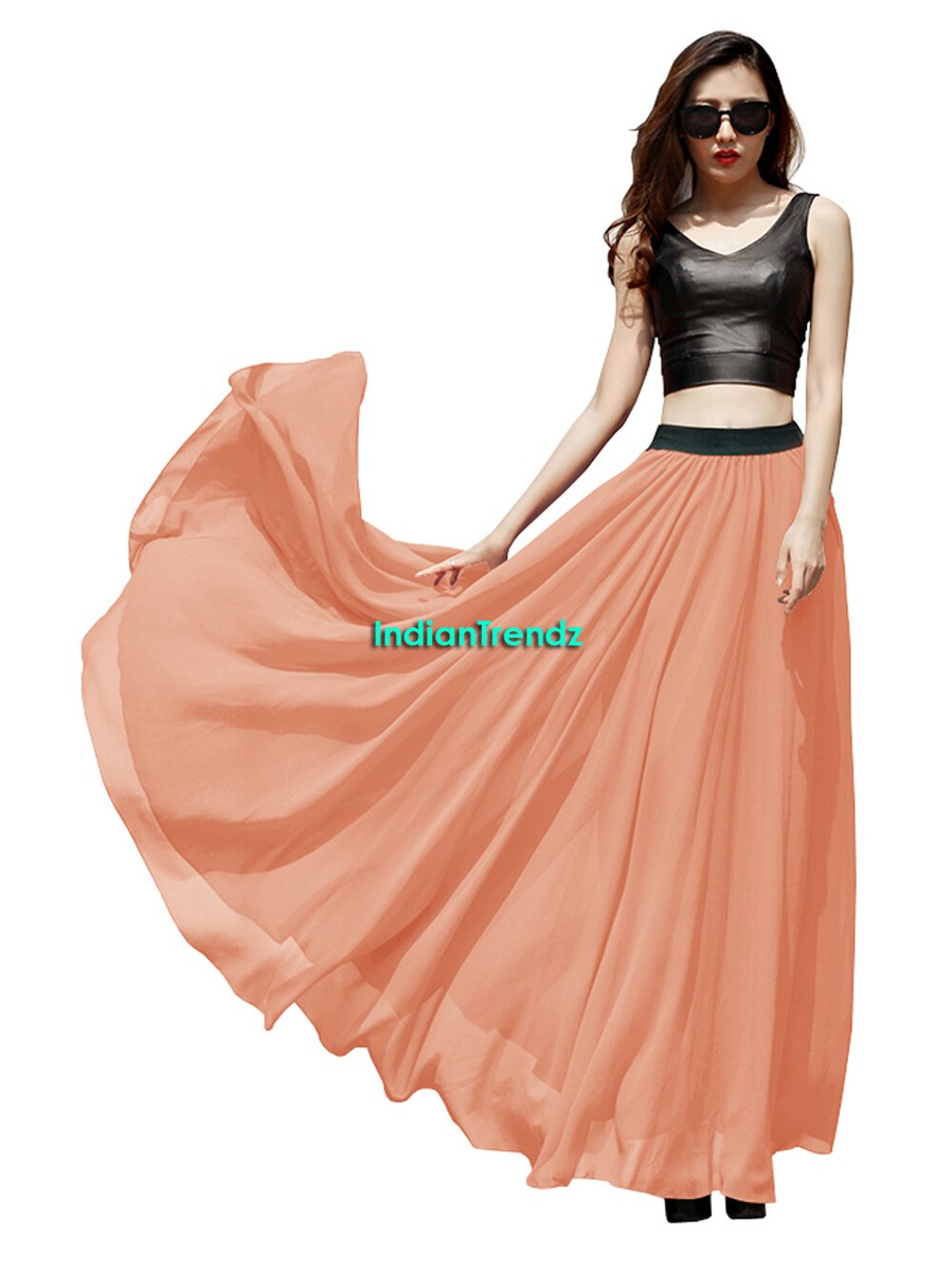 IndianTrendy Women's Chiffon Maxi Skirt - Floor Length Solid Color Beach Skirt With Big Hem (Purple, X-Large)