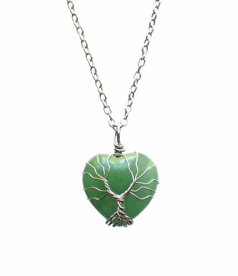 Tree of life heart pendant necklace w/ green aventurine stone wire