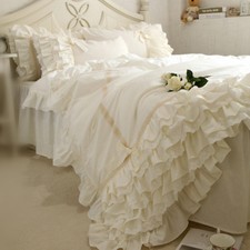 Victorian Style Beige Lace  Ruffles Cotton Duvet Cover Set Bedding Set BedSkirt
