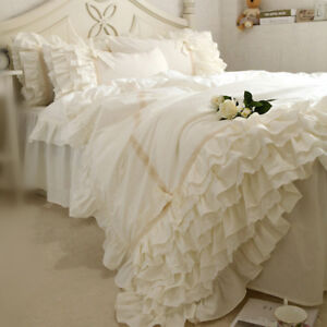 Victorian Style Beige Lace Ruffles Cotton Duvet Cover Set