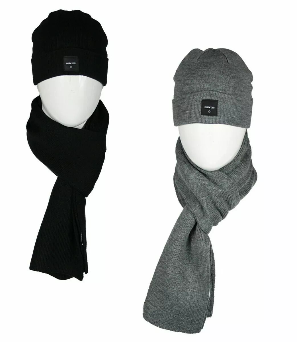 Only Sons Men s Knitted Black Beanie Hat and Scarf Set And