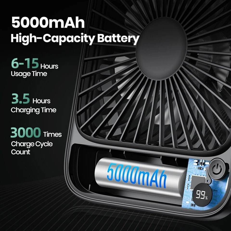 4 Speeds Desk Fan 5000mAh Rechargeable Silent Desktop Table Fan Power Display US - Image 3 of 4