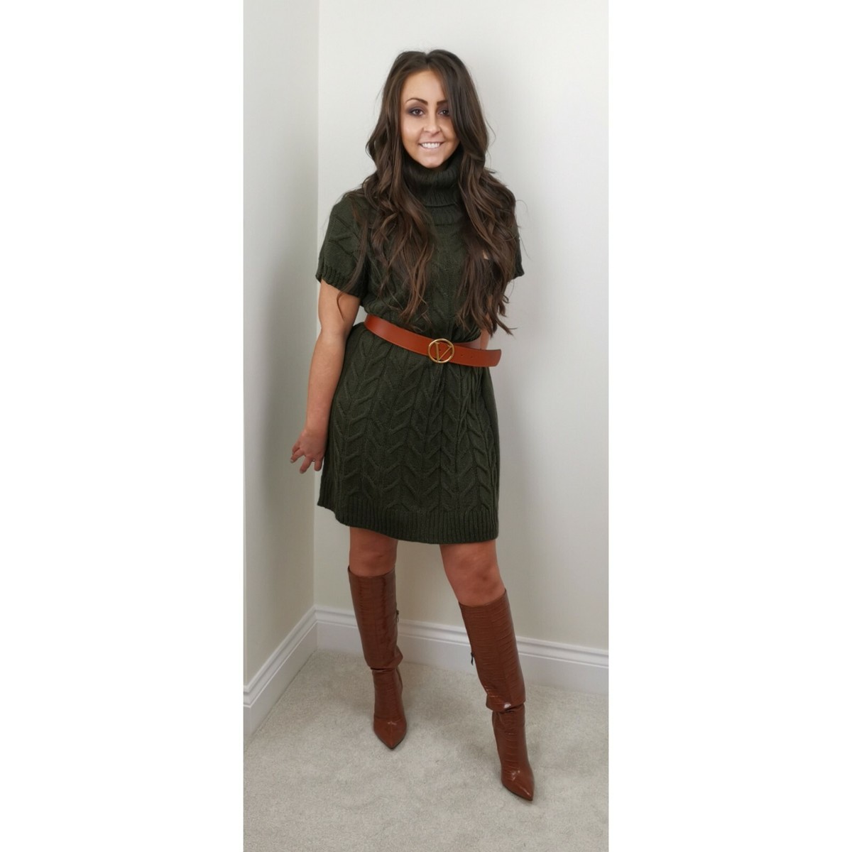 Brand New Khaki Cable Knit Sleeveless Jumper Dress One Size