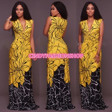 USA Summer Women Ladies Sleeveless Deep V-Neck Print Maxi Long Dress
