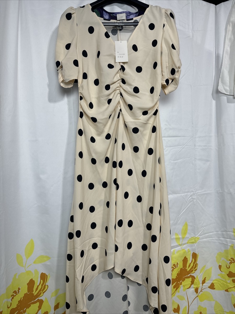 Women's Crepe Short Sleeve Midi Dress - A New Day Beige Polka Dots S | eBay
