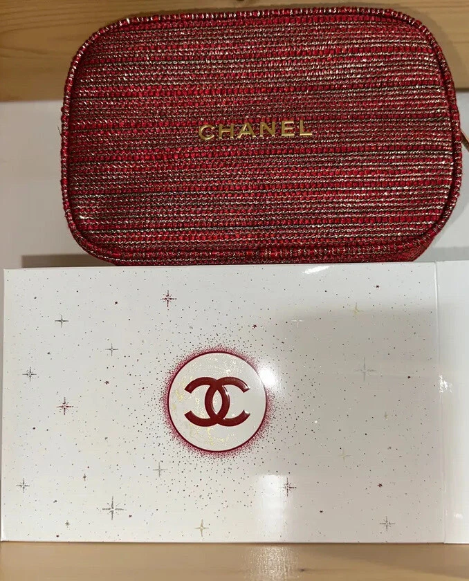 CHANEL Makeup Vintage New Cosmetic Bag 7 x 4.5 Inches Red Velvet & Box VERY  RARE