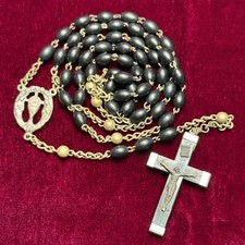 Vintage First Communion Catholic Rosary Black Wood Silver Tone Beads ITALY