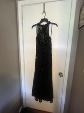 Black Sequin Chiffon Halter Sleeveless Long Gown Sheer Dress Size S/M
