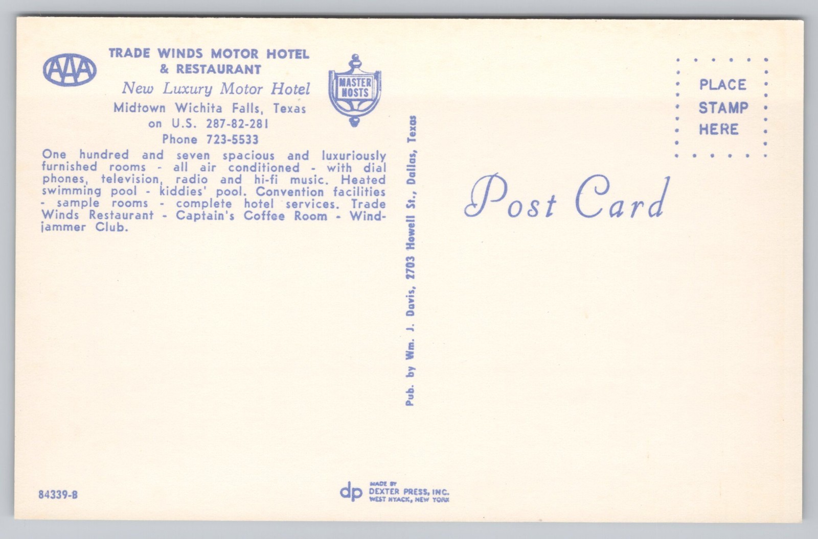 Postcard Trade Winds Motor Hotel and Restaurant Wichita Falls Texas TX