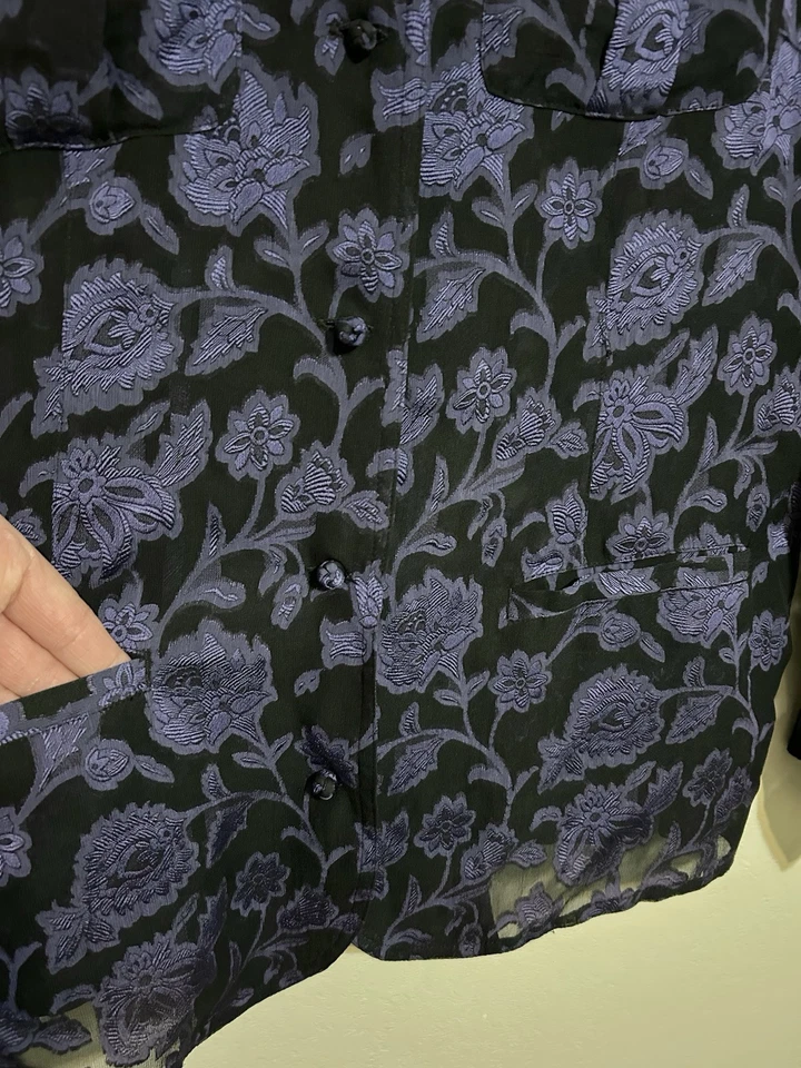 Blusa Chico's Manga Longa Transparente S Seda Rayon Roxa Burnout Top Romântico Escuro - Imagem 4 de 4