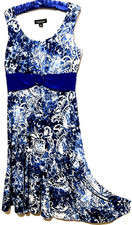 Perceptions Dress M Blue White Artsy Stretch Knit Fit Flare Church Career Frock