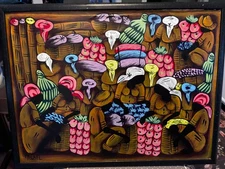 Signed Folk Art Oil Painted Fabric Canvas Indigenous to Haiti. Artist ~ Michel