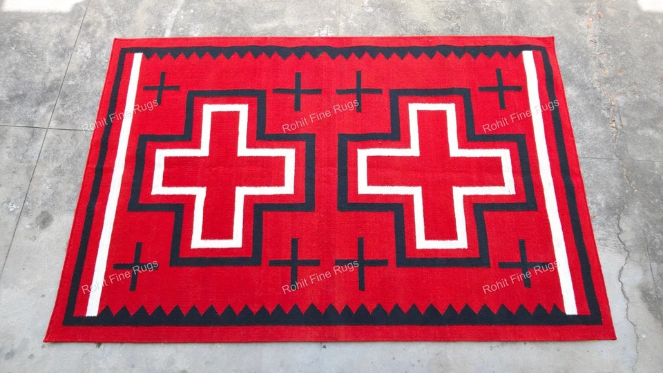 5x8 Ft Handwoven red wool Navajo rug Southwestern Pattern Native American Rug - Image 4 of 4
