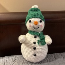 Handmade Crocheted 14 In Snowman W Green Scarf  Hat toy Christmas Holiday