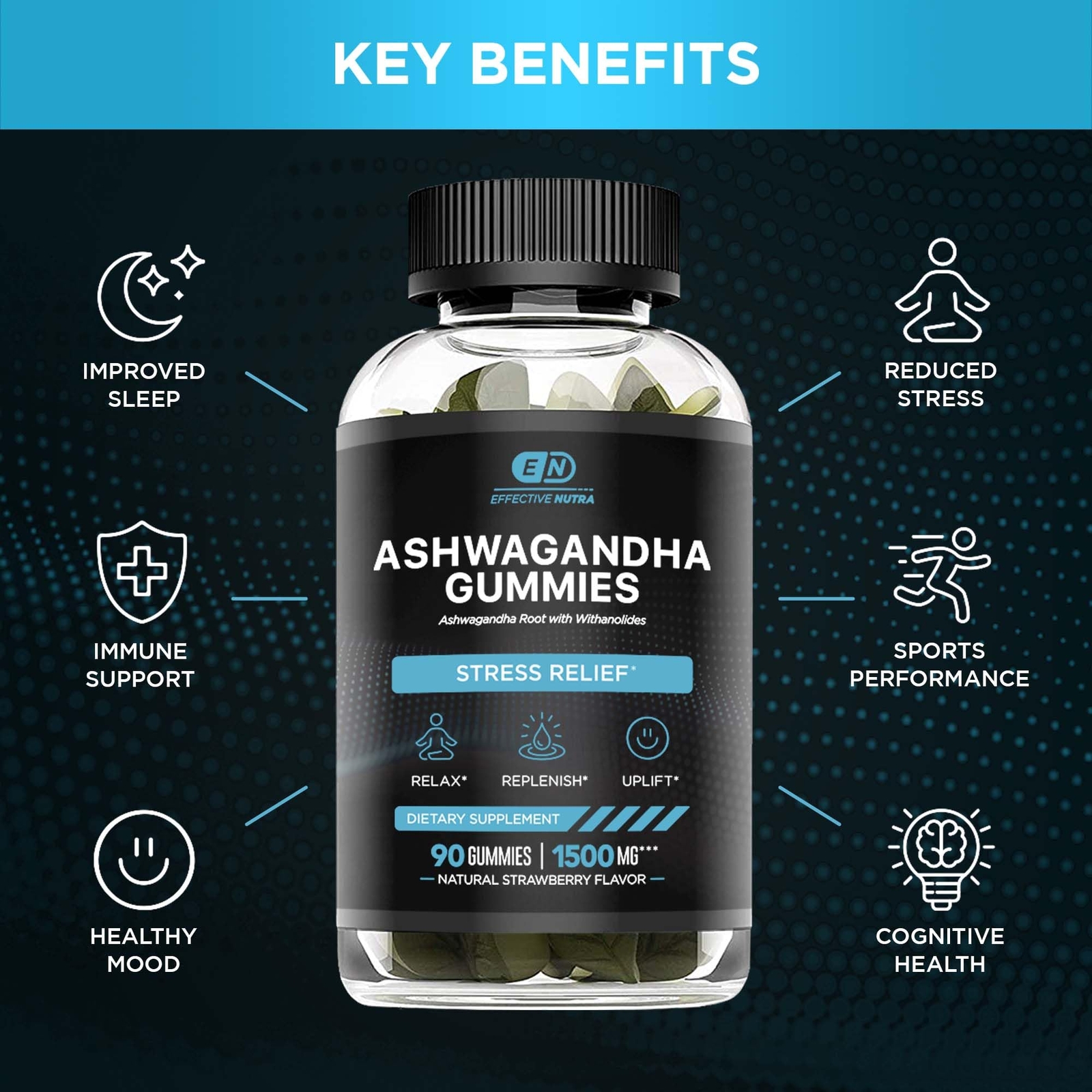 EFFECTIVE NUTRA Ashwagandha Gummies 1500mg | Stress Relief Immune Support Cal...