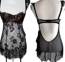 New Slip Dress Garters Sheer Teddy FREDERICKS Set Lace Thong Copper Black 34 S
