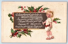 1915 Christmas Child Writing Holly Berries Embossed Wilmington DE Postcard