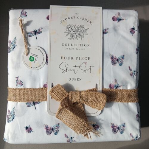 The Flower Garden 4 Piece Sheet Set QUEEN Butterfly Ladybug Dragonfly NEW Sweet - Picture 1 of 7