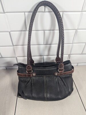 Brighton Black Pebbled Leather Satchel Purse With Brown Woven Handles  D405237