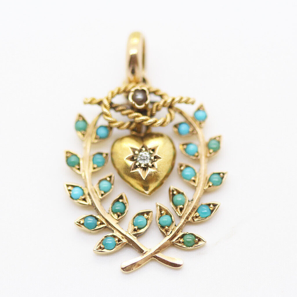 Antique Victorian Pendant 15k Gold Turquoise Diam… - image 2