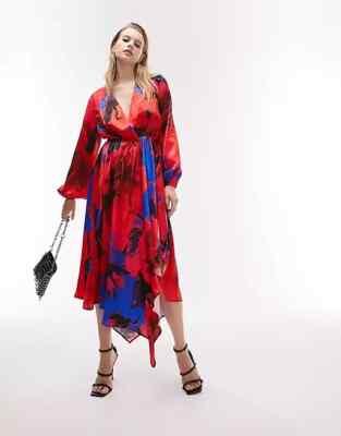 NEW STUNNING TOPSHOP RED AND BLUE SATIN WATERFALL