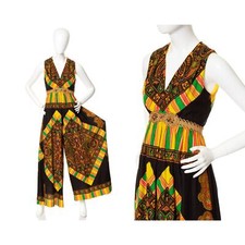Vintage 1960s 1970s Palazzo Jumpsuit Psychedelic Geometric Barkcloth Wide Leg
