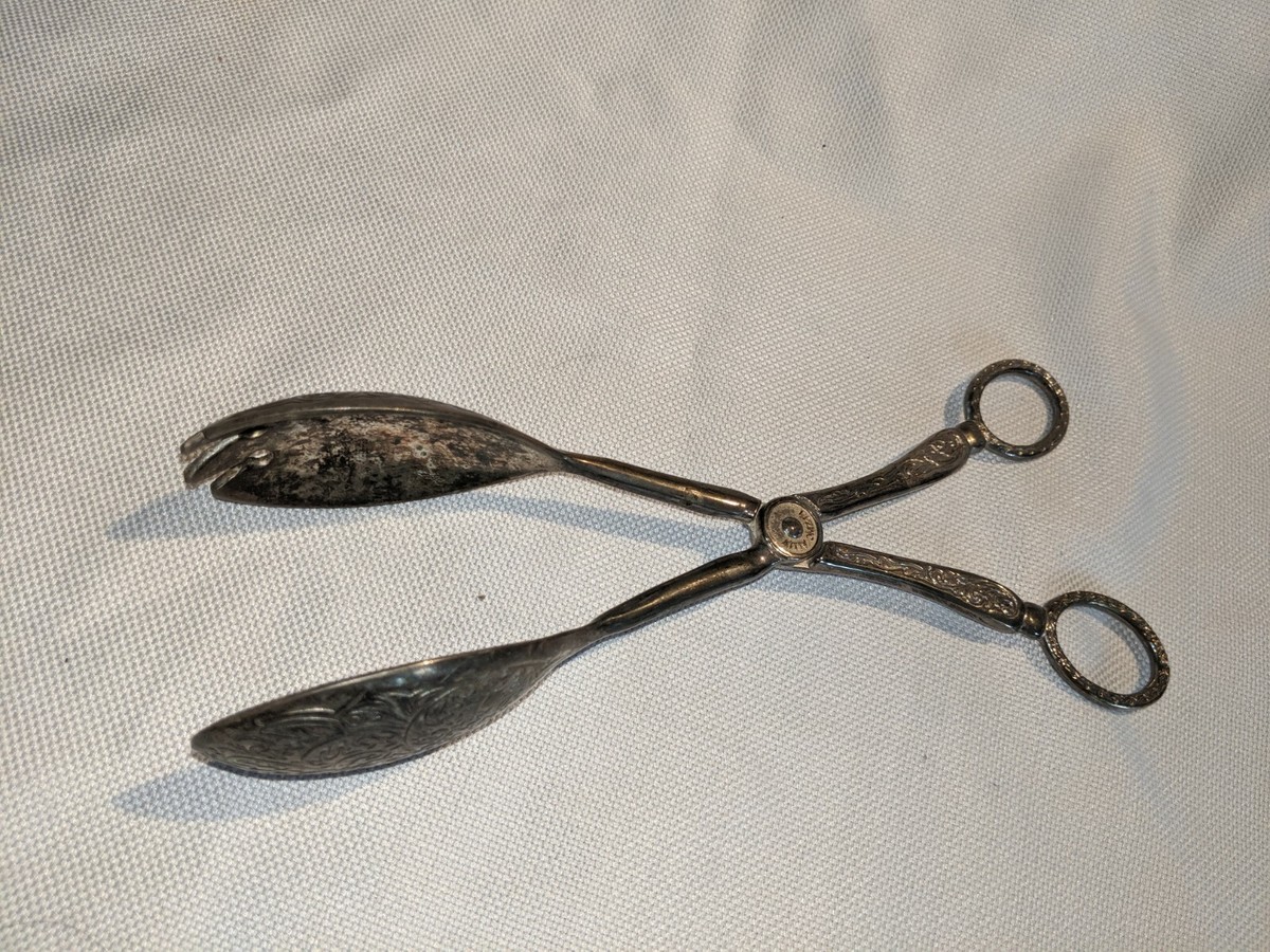 Vintage EP Zinc Alloy Silver Plated Salad Tongs Silverplate