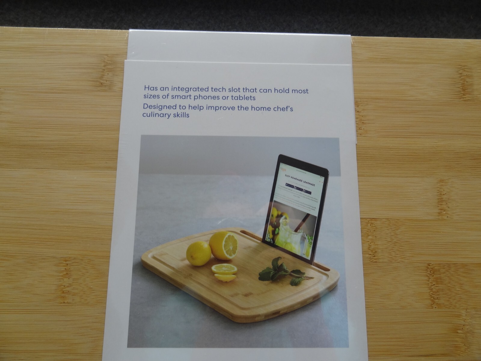 NEW Simply Essential 16x12 Natural Bamboo Cutting Board Phone Tablet Slot Holder