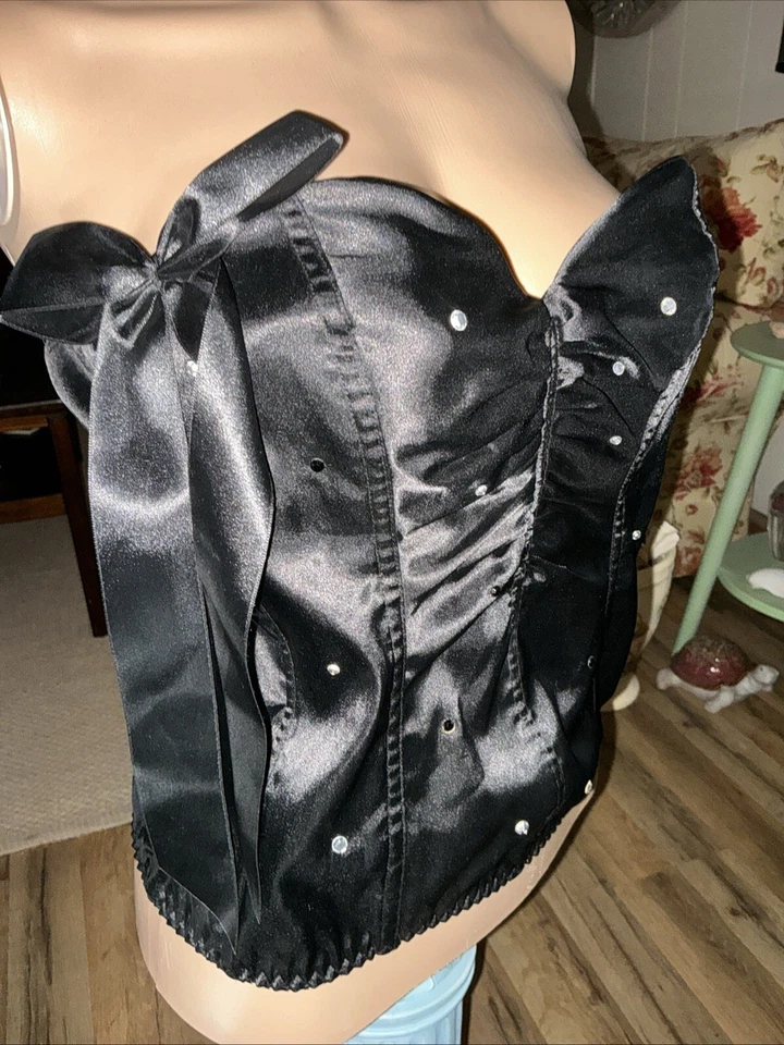 复古 Victoria’s Secret 缎面 Pretty Little Things BLING & BOW Bustier 黑色 36B — 第 3/4 张图片