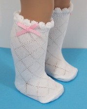 White w/Pink Bow Diamond Knee Socks Doll Clothes For 18" American Girl Debs