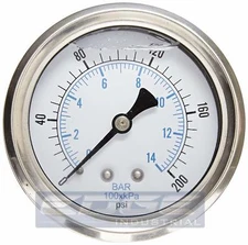 LIQUID FILLED PRESSURE GAUGE 0-200 PSI, 2.5" FACE, 1/4" BACK MOUNT WOG