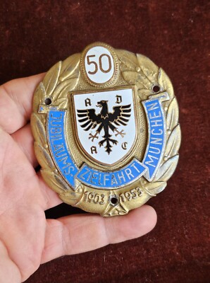 VINTAGE ENAMEL AUTOMOBILE CAR RADIATOR BADGE # ADAC RALLY MUNICH BAVARIA 1953